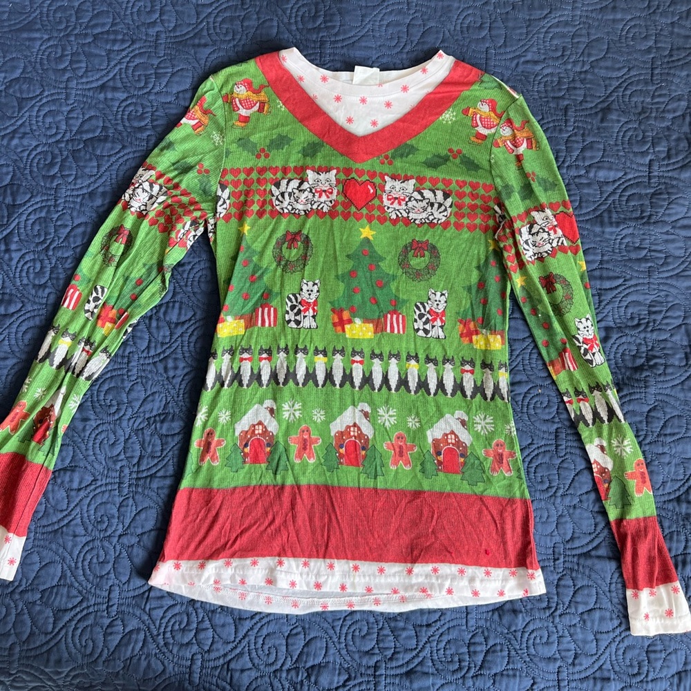 Size small Faux Real “ugly” Christmas printed shirt.  Long sleeve.  Cats.